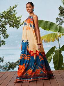 Travachic Women's Tropical Palm Tree Print Vacation Halter Dress - Multicolor - View 8