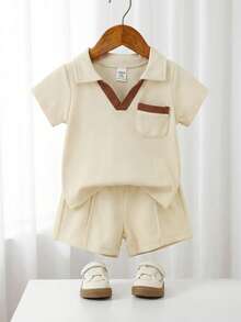SHEIN Playful Pals 2pcs/Set Toddler Boys' Fashionable & Comfortable Polo Shirt And Casual Shorts Set, Suitable For Daily Outings And VacatiBaby Boyren's Outfit, Summer
