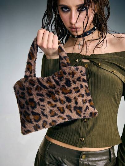 Goth 1 pieza Bolso de mano grande con estampado de leopardo/tigre de piel de conejo sintética de alta calidad y estilo Y2K con cierre magnético, adecuado para mujeres/niñas para ir al trabajo, uso diario, regalos