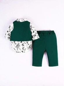 Souflis Souflis 3pcs Baby Boy Gentleman Suit, Long Sleeve Vest Jacket Set, Autumn Winter - Dark Green - View 2