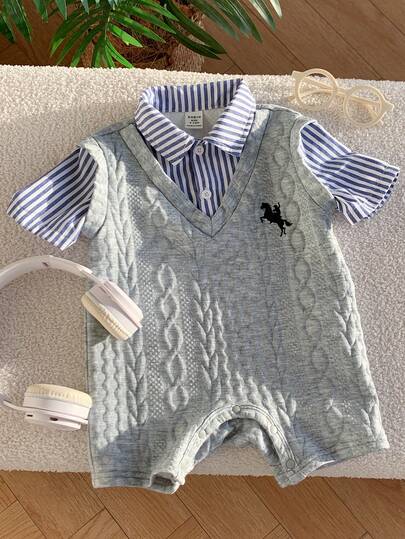 SHEIN Newborn Baby Boy/Girl Colorblock Blue Striped Short Sleeve Knit Romper, Comfortable Versatile Stylish Casual Outfit Suitable For Indoor, Outdoor, Daily, Sports, Play, Party, Photo Shoot, Holiday