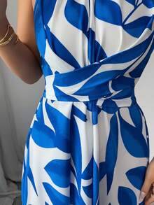 Elenzga 女士蓝色叶子印花面料抽绳领口系带设计腰部交叉后背系带A字飘逸连衣裙，优雅时尚，适合情人节派对、旅行、度假、街头、海滩、春夏穿着。 - 藍白色 - 查看 5