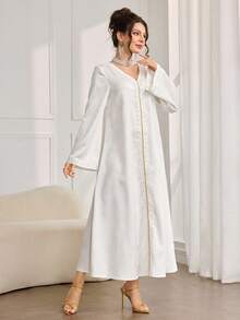 Al Najma 女士时尚新款重工刺绣宽松阿拉伯风格连衣裙 - 杏色 - 查看 6