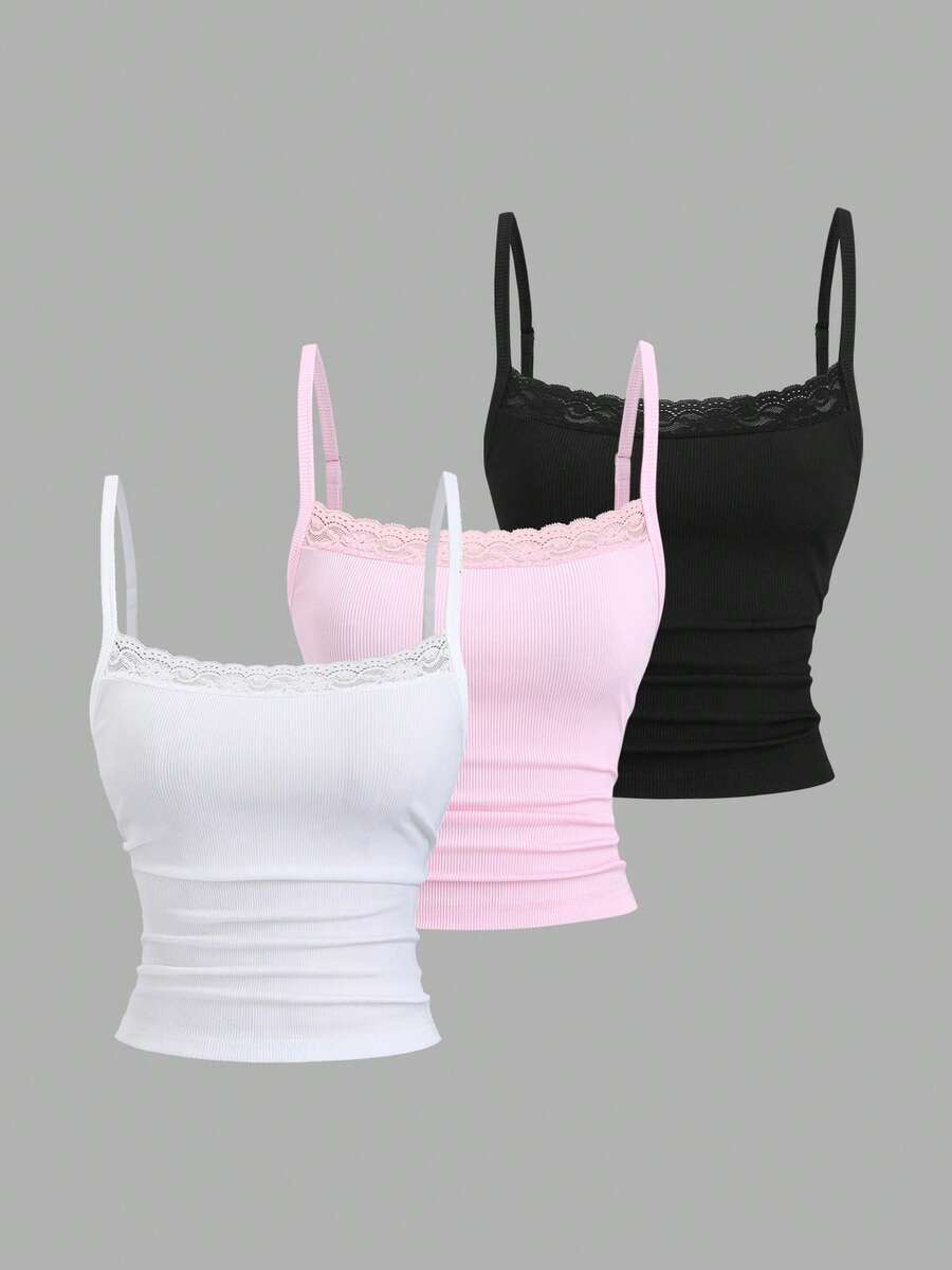 Sweetra Sweet & Spicy Cute & Elegant Music Festival Vacation Casual All-Match Daily Date Work School Layering Tight-Fitting White/Pink/Black Lace Camisole Cropped Backless Tank Top - Multicolor - View 1