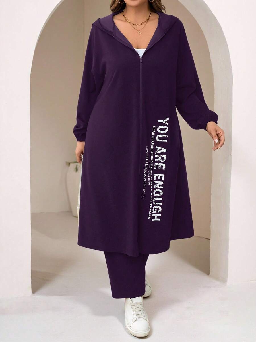 Veilorie Bộ 2 món/Bộ áo khoác hoodie và quần dài in khẩu hiệu thường ngày cỡ lớn, bộ trang phục mùa thu 2 món - Màu tím - Xem 1