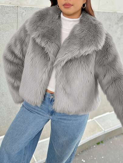 Auralis Chaqueta suelta de manga larga con cuello de piel sintética de estilo Y2K casual para tallas grandes, abrigo de piel sintética largo de invierno para uso en casa y exterior, abrigo de piel sintética de estilo paparazzi de calle alta para tallas grandes