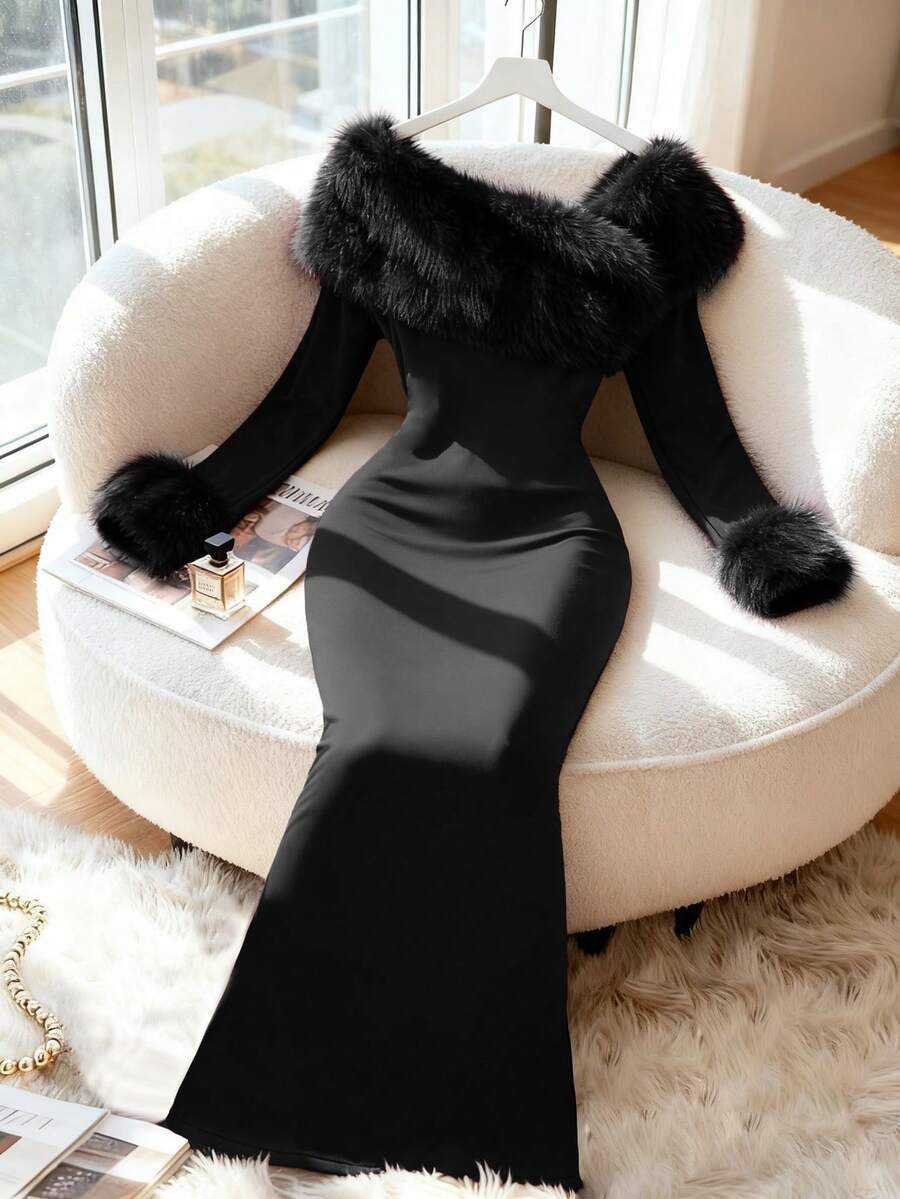 Modelyn Women's Elegant Off-Shoulder Patchwork Faux Fur Collar Long Dress, Winter