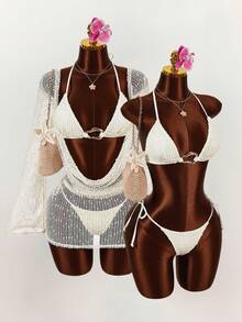 Amplova Conjunto de biquíni feminino sexy com decote profundo, 3 peças - Top, calcinha e saída de praia. - Damasco - Ver 2