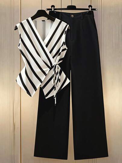 Franclia Women's Spring/Summer Casual 2-Piece Set, Wide Stripe Wrap Tie Shirt + Button Decor Slant Pocket Wide Leg Pants, Classic Black & White 2-Piece Set, Unlocking Sophisticated Workwear Commute, Sleeveless Black & White Striped Top With Adjustable Tie, V-Neck Criss-Cross Design, Paired With High-Waisted Wide Leg Trousers, Practical, Neat, Minimalist, Elevated, Commute, Daily, Summer, Party, Beach, Date, Graduation, Business, Urban Teacher Outfit Striped Set Pants And Top Set Two Piece Women Sets Pants Wide Leg Pants Set Black And White Jumpsuit Black And White Pants Set