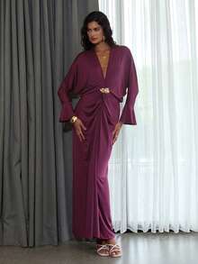 Opulessa Women's Deep V-Neck Bat Wing Sleeve Metal Decor Fashion Dress,Dark Purple,Autumn,Elegant,Dining Formal Dress,Winter Christmas Party Outfits - Purple - View 5