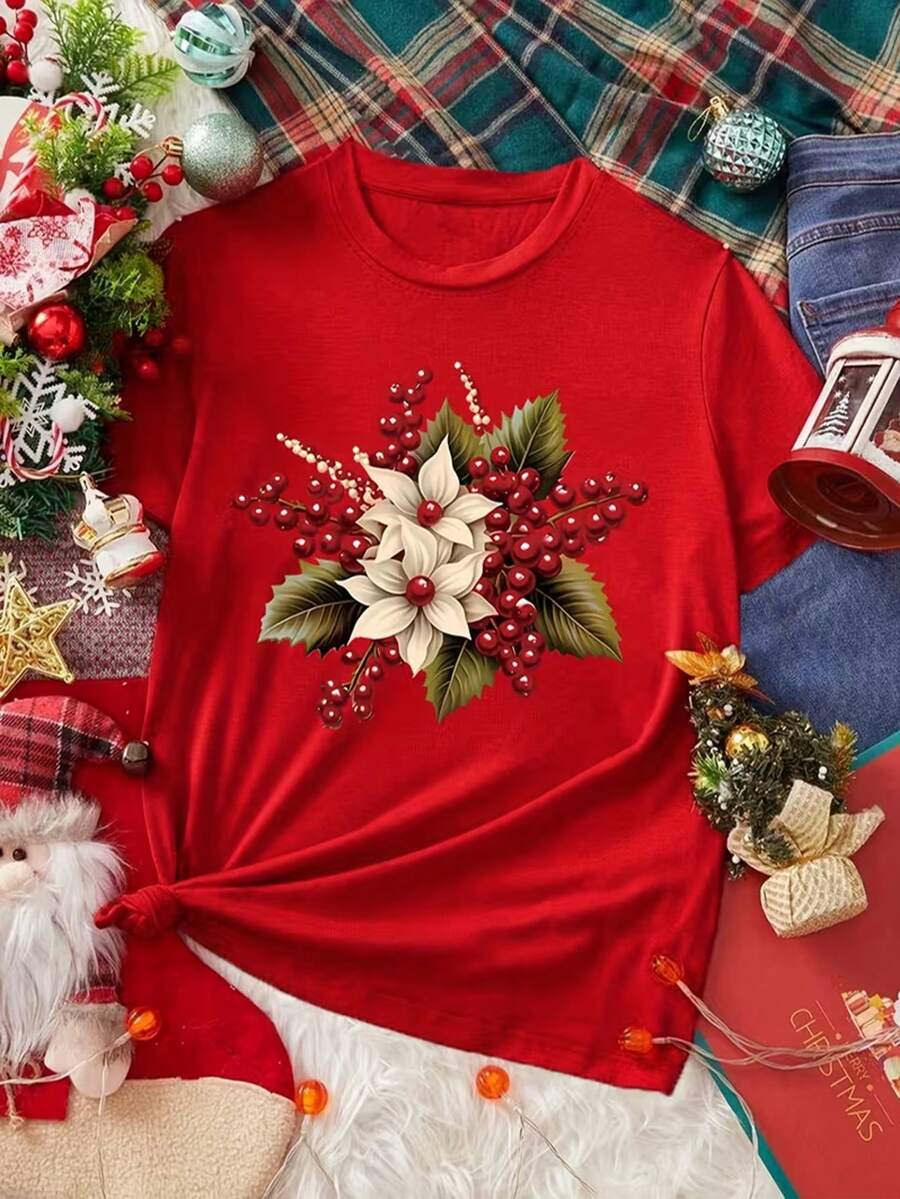 Mujer casual camiseta festividad flor navideña estampado gráfico tela suave corte regular cuello redondo manga corta fiesta Tshirt - Rojo - Ver 1