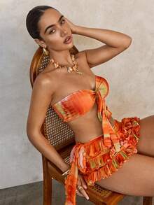 Swim Glamine 基础款女士性感扎染印花抹胸比基尼套装 - 橘色 - 查看 2