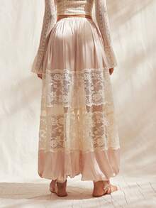 Easelle 复古蕾丝拼接镂空透视浪漫女士长裤 - 杏色 - 查看 3