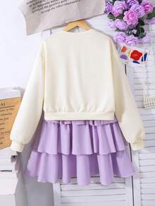 SHEIN 少女3D蝴蝶结装饰水钻长袖卫衣和蛋糕裙套装，适合日常休闲穿着和学生装扮。 - 紫色 - 查看 2