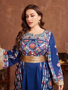 Al Najma Women's Vacation Style Floral Retro Print Long Sleeve Cinched Waist Plus Size Arabic Maxi Dress Kaftan Jalabiya Dress