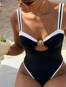 Swim Chiccia Women's Vacation Party Beach Mesh Fabric Black & White One Piece Swimsuit Push Up One Piece Swimsuit Black Bathing Suit Women Bikini One Piece Black And White Swimsuit - Black and White - View 1