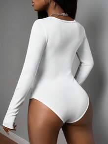 Slaydiva New Spring/Summer Music Festival, Valentine's Day Casual Basic Y2K Streetwear Sexy Loungewear, Women U-Neck Half-Open Waist Ruched Fitted White Ribbed Knit Bodysuit White One Piece Bodysuit White Body Suit Sexy Bodysuit White Top Women's Gym Clothes - White - View 4
