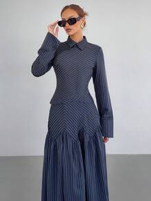 Siren Gaze Navy Blue Striped Commuter Shirt And Skirt Set, Autumn/Winter Elegant Pleated Skirt Set Spring - Navy Blue - View 3