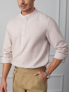 Core Aspect 立领条纹衬衫，半开袖条纹衬衫，长袖条纹衬衫 - 卡其色 - 查看 7