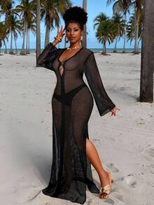 Veslaya Đầm dệt kim gợi cảm cổ chữ V khoét sâu màu trơn dành cho nữ cỡ lớn - màu đen - Xem 5