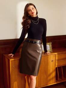 Vintamour Chân váy da PU nữ kiểu cổ điển thanh lịch có túi ở eo, thích hợp cho công sở, đi nghỉ lễ mùa đông, Giáng sinh, Năm mới, Lễ Tạ ơn. - Màu nâu Sô-cô-la - Xem 7