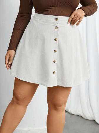 SHEIN Privé 大码女式纯色单排扣休闲/工作半身裙