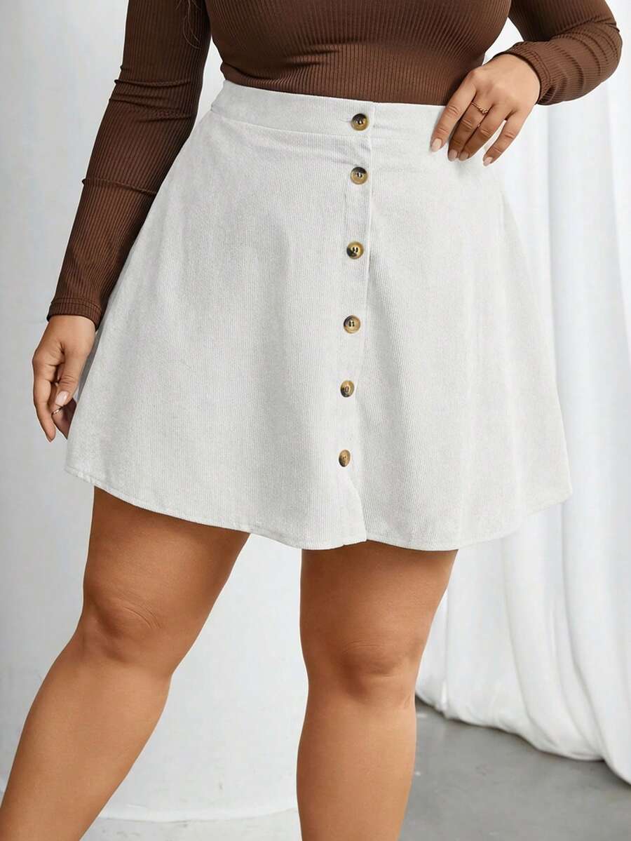 SHEIN Privé 大码女式纯色单排扣休闲/工作半身裙 - 白色 - 查看 1