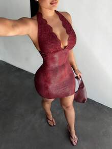 SHEIN SXY Đầm ôm sát cổ chữ V sâu phối ren tương phản dành cho nữ - Màu Đỏ Sâu - Xem 6