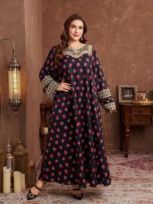 Al Najma Plus Size Long Sleeve Maxi A-Line Dress, Floral Lace Patchwork, Casual & Elegant Arabic Style For Women - Multicolor - View 4