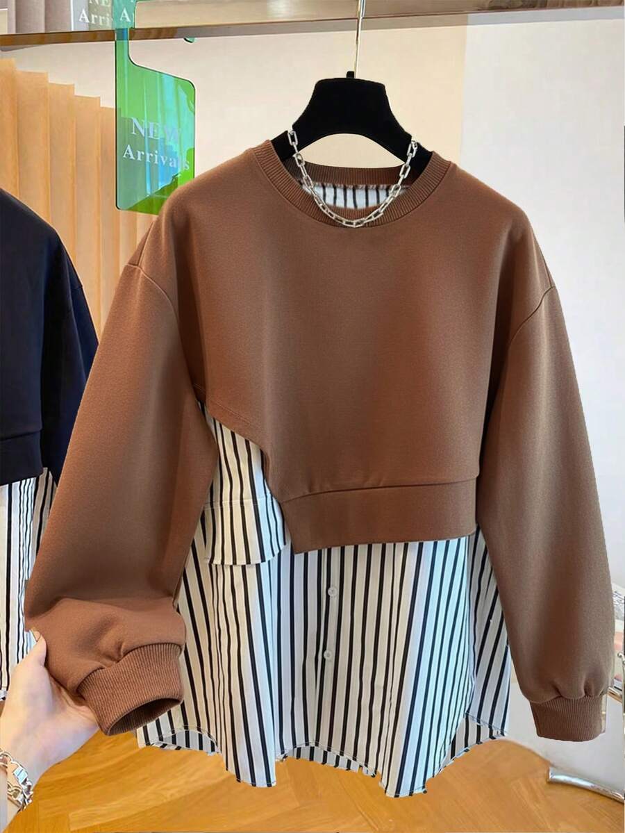 SHEIN 女式休闲日常条纹拼布圆领运动衫,秋季 - 棕色 - 查看 1