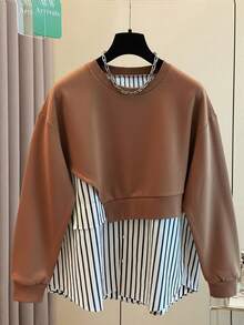 SHEIN 女式休闲日常条纹拼布圆领运动衫，秋季 - 棕色 - 查看 4