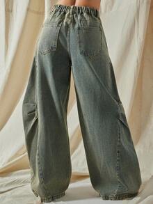 Vixey Quần denim ống rộng lưng cao co giãn màu nâu - Rửa tối - Xem 5