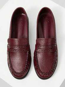 MOTF WOMEN PU LEATHER FRILL TRIM LOAFERS SHOES FOR CHRISTMAS - Burgundy - View 4