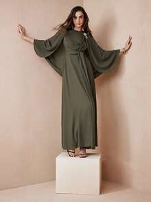 Arave Women's Green Chiffon Linen-Textured Fabric, Round Neck, Fitted Waist, Cape Sleeves, Full Skirt With Pleats, Long Tie-Waist, Diamond Brooch, And Metal Embellishments. Modern Party Long Dress. Elegant Dresses For Women, Party Clothes, Winter Clothes For Women, Halloween. New Year - Green - View 12