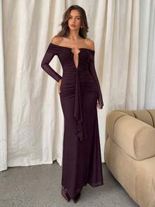 Aloruh Women's Solid Wine Red Ruched Ruffle Off Shoulder Round Ring Hollow Out Mermaid Hem Bodycon Long Sleeve Dress - Burgundy - View 6