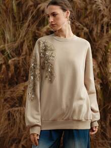 Arave Women's Cotton Round Neck Loose Fit Hand-Stitched Design Daily Casual Sweatshirt   Winter Clothes For Women Khaki Sweatshirt Zipper Jacket - Khaki - View 5