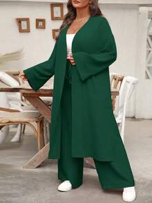 EMERY ROSE Conjunto casual de vacaciones de dos piezas: camisa larga tipo cardigan de talla grande y pantalones rectos - Verde - Ver 4