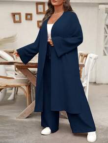 EMERY ROSE Elegant Plus Size Navy Blue Woven Fabric Two Piece Set Long Sleeve Drop Shoulder Top And Pants Fall - Navy Blue - View 6