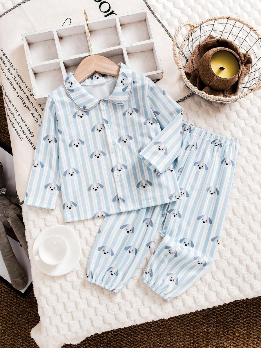 Infant Boys' Comfy Soft Pajama Set, Long Sleeve Cardigan & Pants, Cute Puppy Blue & White Striped - Multicolor - View 1