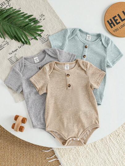 3件套男婴休闲云朵罗纹连体衣，适合外出、居家、度假、派对等场合，春夏款