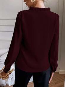 SHEIN Tall 女士纯色荷叶边V领长袖时尚衬衫 - 酒紅色 - 查看 2