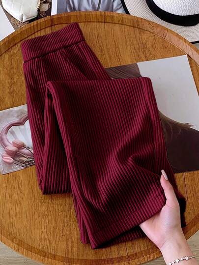 Resyla Women's Solid Color Elastic Waist Pockets Wide Leg Loose Casual Corduroy Pants