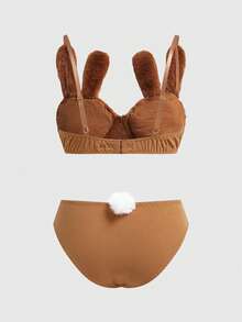ROMWE Kawaii Cute Bunny Embroidery Plush Wireless Bra Set, For Valentine's Day - Khaki - View 2