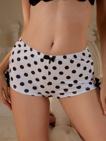 ROMWE J-Fashion Bragas tipo short con estampado de lunares y decoración de moño para mujer