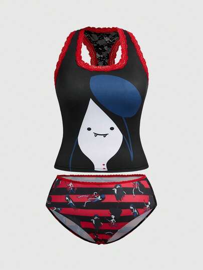 Adventure Time X ROMWE Plus Size Women Contrast Lace Figure Graphic Bra & Brief Set