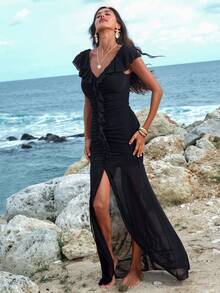 Opulessa Urlaubs-Einfarbiges gestricktes Mesh-Rückenfreies V-Ausschnitt-Kleid für Frauen - Schwarz - Übersicht 6