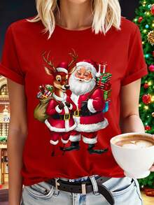 SHEIN LUNE Women's Christmas Santa Claus Printed Casual Round Neck Short Sleeve T-Shirt, Summer For New Year Clothes Graphic Tees Women Tops - Red - View 1