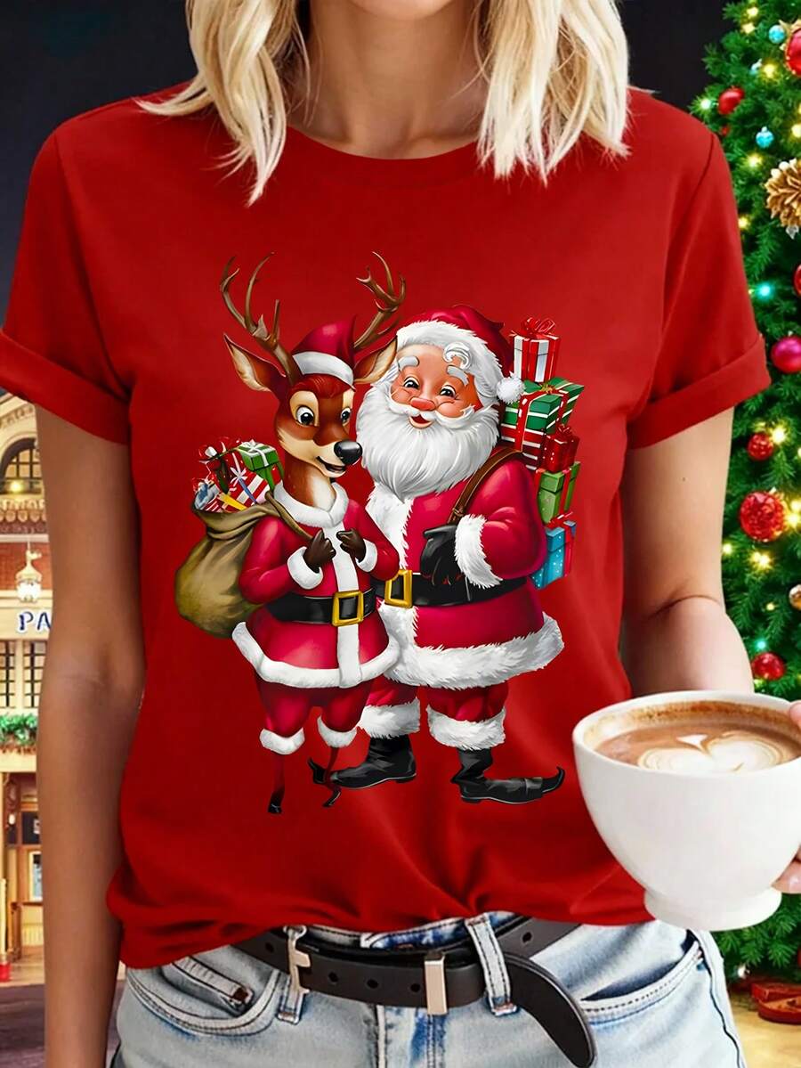 SHEIN LUNE Women's Christmas Santa Claus Printed Casual Round Neck Short Sleeve T-Shirt, Summer For New Year Clothes Graphic Tees Women Tops - Red - View 1