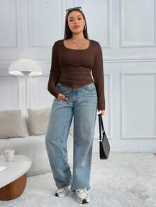 SHEIN EZwear 大码女式圆领长袖不对称下摆修身休闲巧克力棕色T恤 - 巧克力棕 - 查看 4