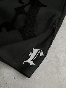 PAVTROS Ensemble deux pièces homme de style de rue populaire, style INS, avec broderie LA, serviette 2 en 1, pantalon à double taille avec fermeture éclair, et sweat-shirt à capuche. Convient pour les festivals de musique en plein air, les boîtes de nuit, les bars. Cadeau pour petit ami/mari, cadeau d'anniversaire. Ensemble noir deux pièces, pour l'hiver, doublure thermique - Noir - Voir 5